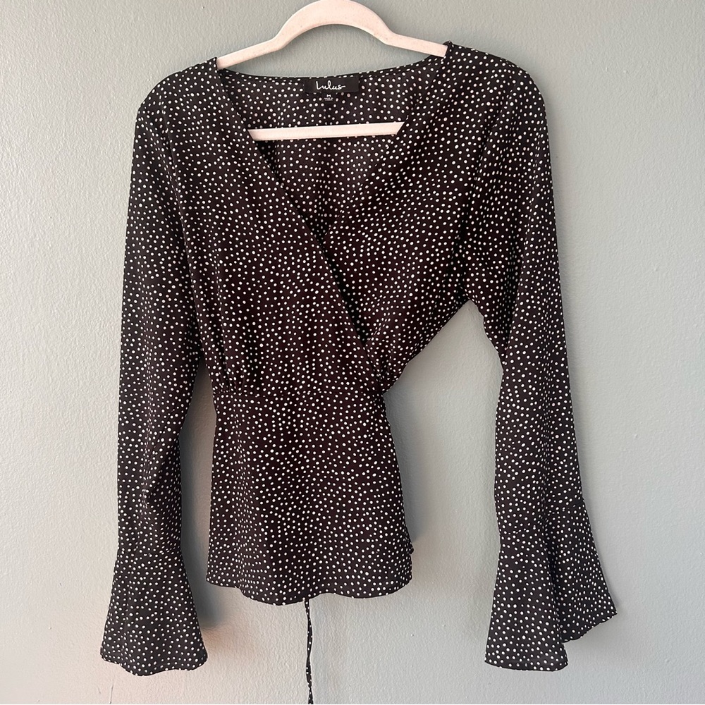 Lulus Polka Dot Wrap Blouse with bell sleeves